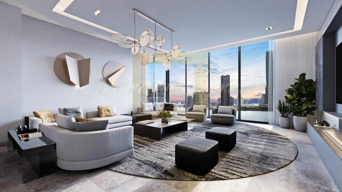 A modern, luxurious living room with a large glass window offering a stunning city skyline and waterfront view. The room is furnished with contemporary grey sofas, cozy armchairs, a coffee table, and elegant decor, including a distinctive ceiling light fixture and abstract wall art. The space features a neutral color palette with accents of gold, black, and green plants, creating a sophisticated ambiance.