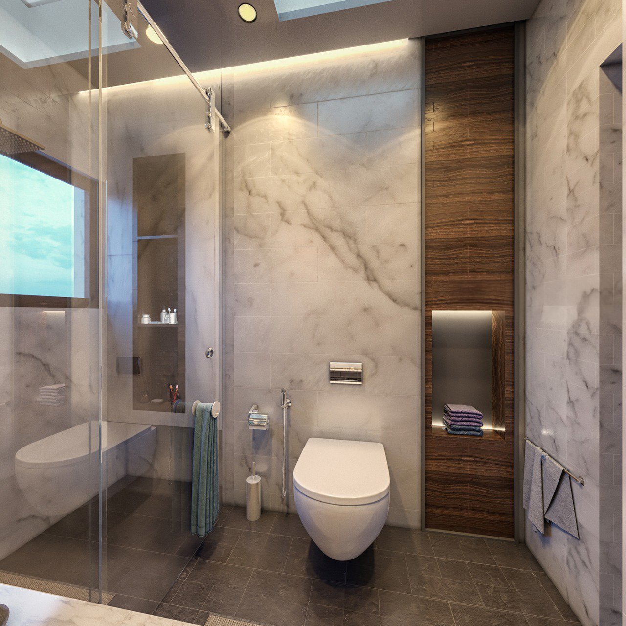 Modern bathroom with marble walls, floating toilet, glass shower, recessed shelving, and soft lighting.