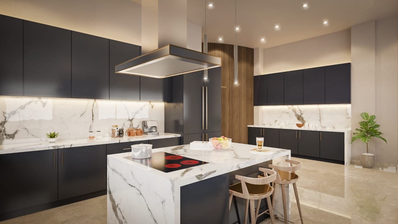 Modern luxury kitchen with sleek black cabinets, marble countertops, and a stylish island with integrated cooktop.