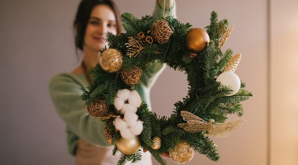 Woman holding a beautifully decorated Christmas wreath with gold ornaments and green foliage.